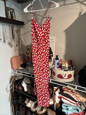 Hello Molly Red Slip Midi Dress with Cream Leaf Print